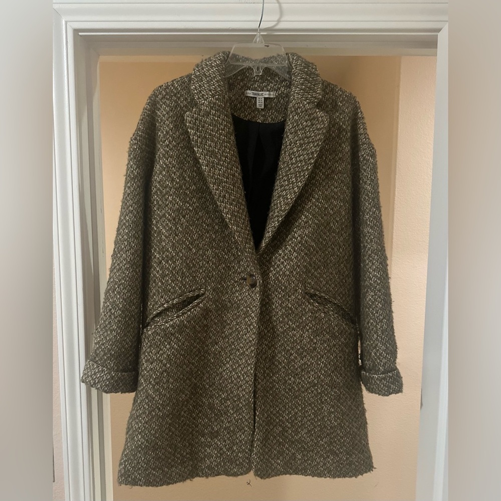 Zara Olive Green Tweed Single-Button Coat